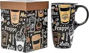 Topadorn Ceramic Coffee Mug Travel Cup Gift with Lid 17oz, Porcelain Tall Tea Cup with Handle for Home & Office, Coffee Art Pattern Mug in Gift Box, 6.5''H