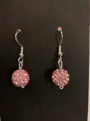 Handmade 925 Sterling Silver Pink Shamballa Bead And Wire Drop Earrings