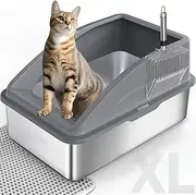 Stainless Steel Cat Litter Box with Lid, Extra Large Litter Box for Big Cats, XL Metal Litter Pan Tray with High Wall Sides Enclosure, Non-Sticky, Anti-Leakage, Easy Cleaning, Grey