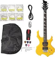 Electric Guitar Beginner Kit, 24 Fret Yellow Flame Shaped Electric Guitar Beginner Kit with Picks Strings Handle Strap