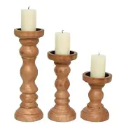 Rustic Farmhouse Wood Pillar Candle Holder Set of 3 for Candlestick, Brown