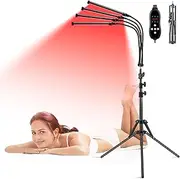 4 Heads Red Light Lamp with Stand, 420 LED Red Lights with Timer, Brightness Adjustable, 360°Rotating for Face and Body-Black (Lamp Does Not Get Hot)