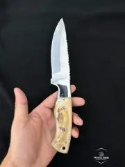9Inch Handmade RAM Horn Damascus knife, steel bolster, mosaic pins in handle