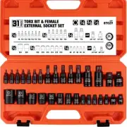 31Pcs Torx Bit Socket Set,14 Star Bits (T8-T70) and 12 Female E-Torx Sockets ...