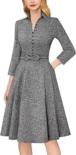 [VFSHOW] Womens 2024 Business Work Office Collar V Neck Bow Belted Pockets Buttons Slim Vintage Fit and Flare A Line Dress