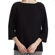 Max Mara Pisa Fringe Cuff Tunic Top Black 3/4 Sleeve Blouse US Size 10 NWT