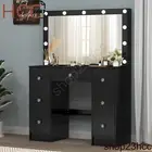 Dressing Table Dresser Makeup Vanity Table Set with Large Mirror&LED Light Black