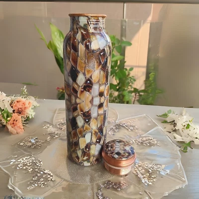 Copper Water Bottle With Big Marble Stone Printed Design, Vol 1000 ML, Pack of 1