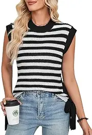 [GRACE KARIN] Womens Cap Sleeve Sweater Vest Crew Neck Striped Tank Top Lightweight Knit Ribbed Casual Summer Shirts