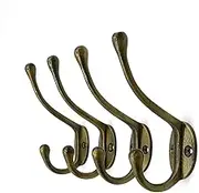 Vintage Cast Iron Wall Hooks (Set of 4) - Rustic, Farmhouse Coat Hooks | Great for Coats, Bags, Towels, Hats | Classic Slender Antique Brass