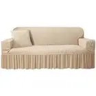 Plaid Seersucker Stretch Sofa Cover - 1 Seater (Beige)