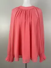 Old Navy Peasant Blouse Coral Pink Pleated Puff Sleeve Top Work Womens Large