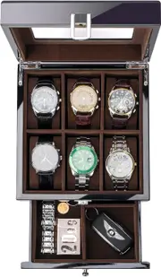 Men's Wooden Watch Box with Glass Top - 2-Tier Display for Wristwatch Storage