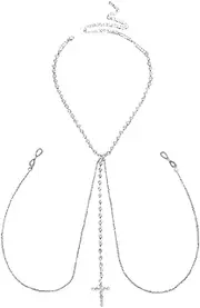 [Niaspi] Rhinestone Cross Dangle Body Chain for Women Sparkling CZ Crystal Tassel Fake Nipple Rings Nipple Noose Choker Chest Bra Chain Summer Beach Body Jewelry, Large, Rhinestone, No Gemstone