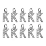 10pcs Rhinestones Letter Charm, Alphabet K Pendants Slide Beads Charm, Silver