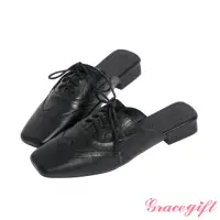 在飛比找momo購物網優惠-【Grace Gift】復古方頭低跟牛津穆勒鞋(黑)