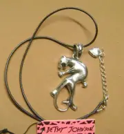 NWT- BETSEY JOHNSON SILVER TONE PANTHER PENDANT BLACK CORD NECKLACE- USA SELLER