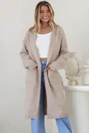 Windsor Cardigan - Hooded Open Front Coatigan with Waist Tie in Taupe