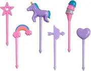 Yamibobo 6pc Cute Unicorn Fruit Fork Set - Multicolored Plastic Fruit Picks for Bento Box, Picnic, Parties