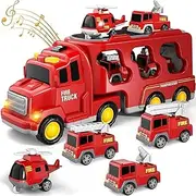 Fire Truck Toys Car for 3 4 5 6 Year Old Toddlers Boys, 5 in 1 Truck Friction Power Toy Car with Light and Sound Transport Vehicle Carrier Truck, Car Toys Set for Boys Girls 3-5 Year