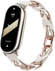 XIHAMA Compatible for Xiaomi Mi Band 8 Band,Replacement Strap Openwork Design Stainless Steel Ring Leather Chain Belt Mi band 9 Belt Breathable Elegant Replacement Band for Ladies