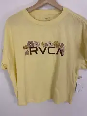 RVCA Women's Yellow Retro Floral Logo Spell Out Short Sleeve Tee Shirt Medium