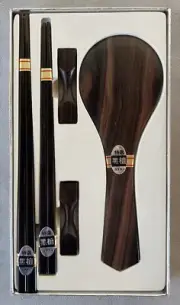 Izumo Taisha Black Ebony Chopstick Rice Spoon Rest Set For 2 Wood Art NIOB Japan