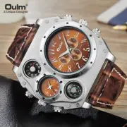 Oulm Men's Big Dial Watches Military Dual Time Zone Sport Leather Wristwatch