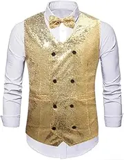 [HEYDHSDC] Men'S Shiny Sequin Decorated Black Suit Collar Sleeveless Vest For Wedding Party Stage Performance Gold L