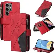 Design Piece of Leather-Like Wallet Phone Case for Samsung Galaxy S24 Ultra with 5 Card Slots, Zipper Pocket, Kickstand and Magnetic Lock (Red)