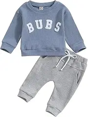 [BeQeuewll] Fall Winter Baby Boy Clothes Waffle Knit Outfit Set Letter Sweatshirt Solid Pants Infant Toddler Clothes for Boys