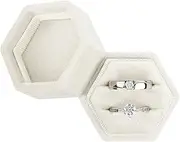 DesignSter Hexagon Velvet Ring Box - Premium Gorgeous Vintage Double Ring Display Holder with Detachable Lid for Proposal, Engagement, Wedding, Ceremony (Beige)