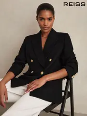 Reiss Black Eden Petite Oversized Double-Breasted Blazer Linen-Blend (F96473) | $610
