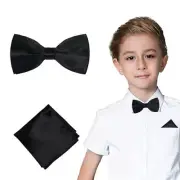 Bow Tie and Pocket Square for Boys Kids Pre Tied Adjustable Bowtie Black