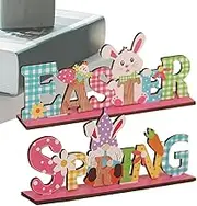 Easter Bunny Tabletop Decor - Spring Decor Bunny Gnome Wooden Sign | 2X Easter Decorations, Colorful Letter Table Centerpieces, Home Decoration