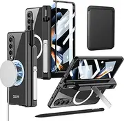 [COCOING] for Samsung Z Fold 4 Magsafe Case【with S Pen Fold Edition】&Card Holder,Hinges Protect The Built-in Pen Holder,with Screen Protector and Stand, Clear Black Edge Case for Galaxy Z Fold 4