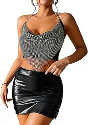 [SUQQUE] Women's Sexy Diamond Mesh Tank Tops Hollow Out See Through Crop Tops & Bodycon Skirt Set Club Night Out party Dress