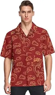[GuoChe] Hawaiian Mens Button Up Shirts Short Sleeve Oriental Gold Ornament Dragons Clouds Chinese Red Stylish Camisetas para