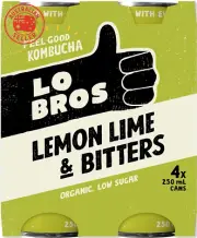 Organic Kombucha Soda Lemon, Lime & Bitters Drink 250Ml X 4 Pack Cans