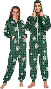 [Joisal] Snowflakes on Green Checkered Adult Pjs Onesie with Zipper Adult Onesies, Adult Pajamas Women Small, Snowflakes on Green Checkered, Small