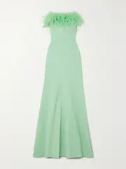 [Jenny Packham] Jenny Packham - Strapless Feather-trimmed Crepe Gown - Mint - UK 12 UK 12 Green