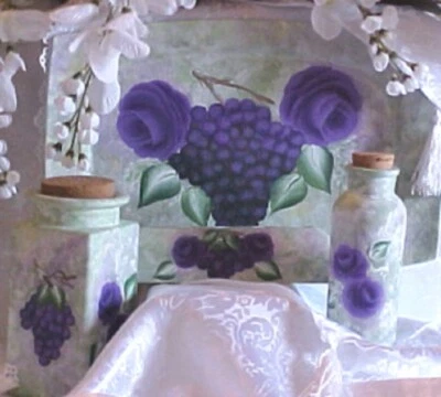 NEW 4 PC PURPLE GRAPES VANITY TRAY LIPSTICK CADDY BOTTLE BATH SALT JAR CORK LID