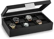 Glenor Co Watch Box for Men - 12 Slot Luxurious & Masculine Carbon Fiber Textured Watch Case, Sturdy Hinges, Large Watch Holder, Glass Top Watch Organizer for Men - Metal Accents - Black