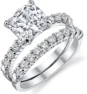 [Metal Masters Co.] Fabulous Cushion Cut Cubic Zirconia Sterling Silver 925 Wedding Engagement Ring Band Set