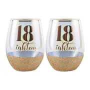 2PK Glitter 18th Celebration Stemless Wine Glass Pink 600ml Drinking Cup Tumbler