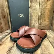 UGG MENS CAPITOLA CROSS SLIDE SANDAL SIZE US 11 COGNAC BROWN FULL-GRAIN LEATHER