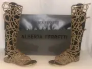 38/8❤️ALBERTA FERRETTI METALLIC GOLD LEATHER&CHAIN GLADIATOR FLAT SANDALS BOOTS
