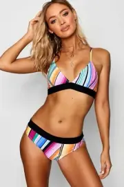 NWT $39 Boohoo Striped Triangle High Waisted Colorful Bikini with black band 10