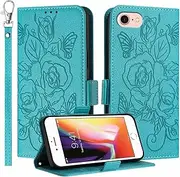 JanCalm for iPhone 6/6S/7/8/SE 2020/SE 2022 Case Wallet, RFID Blocking, Card Cash Slots, Wrist Strap, Floral Butterfly Cute Pattern, Leather Protective Stand Flip Cases Cover (Mint)