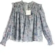 Grace + Karma Sz M Blue Tie Floral Chiffon Long Sleeve Smocked Blouse Top NEW